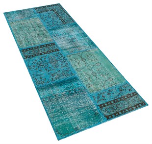 El Dokuma Yünlü Türk Patchwork Halı Turkuaz Ölçü;80 x 200