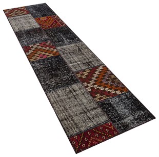 Modern El Dokuma Patchwork Halı Siyah Ölçü;80 x 300