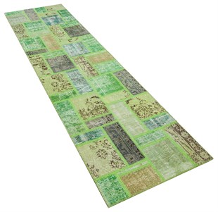 Modern El Dokuma Patchwork Halı Yeşil Ölçü;80 x 295