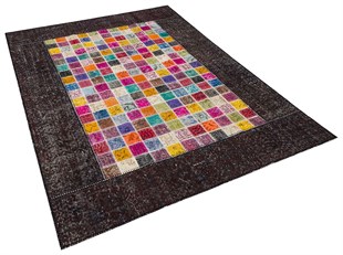Modern El Dokuma Patchwork Halı Mozaik Detaylı Siyah 4 m2 Ölçü;170 x 240