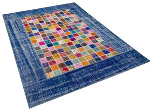 Modern El Dokuma Patchwork Halı Mozaik Detaylı Mavi 4 m2 Ölçü;170 x 240