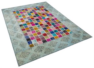 Modern El Dokuma Patchwork Halı Mozaik Detaylı Açık Mavi 4 m2 Ölçü;170 x 240