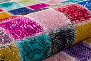 Modern El Dokuma Patchwork Halı Mozaik Detaylı Açık Mavi 4 m2 Ölçü;170 x 240