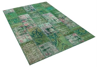 Modern El Dokuma Patchwork Halı Yeşil Ölçü;140 x 200