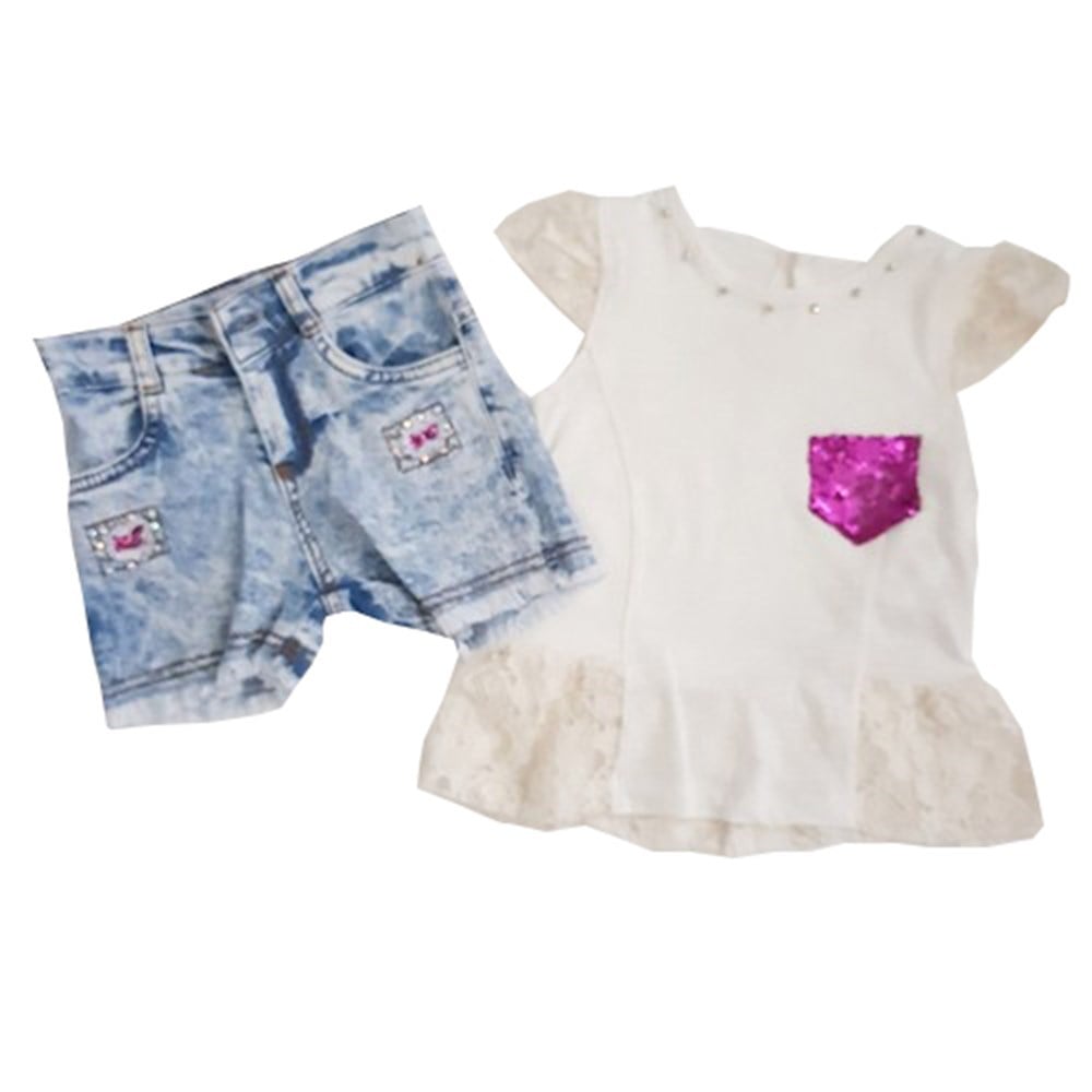 Modamini Gömlekli Kot Şortlu Yazlık Kız Bebek & Çocuk Takım 