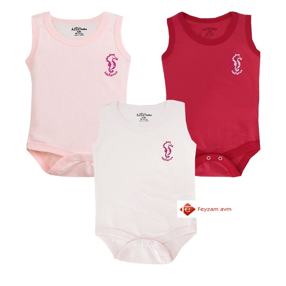 Aziz Bebe Kız Bebek 3 Lü Kırmızı-Pembe-Beyaz Zıbın - Çıt Çıtlı Badi-1700