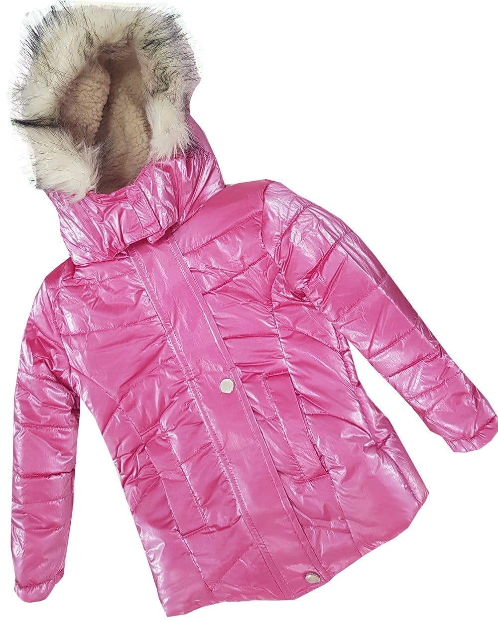 Pembe Parlak Tüylü Şapkalı Cepli Kız Çocuk Mont