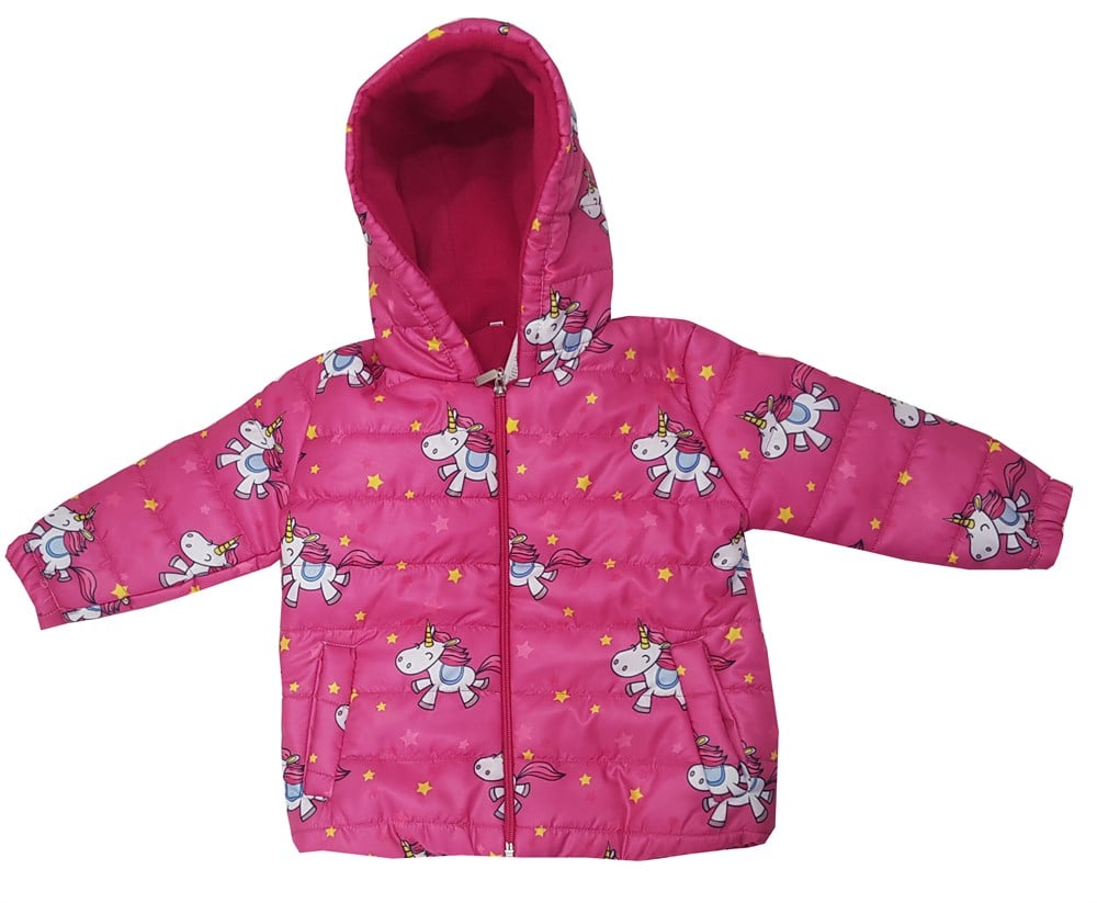 Pembe Unicorn Şapkalı Cepli Kız Çocuk Mont