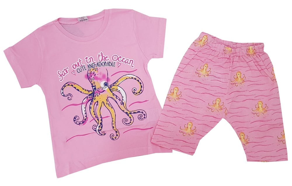 Feyzamavm Ahtapotlu Pembe Kısa Kollu Kaprili Kız Çocuk Pijama