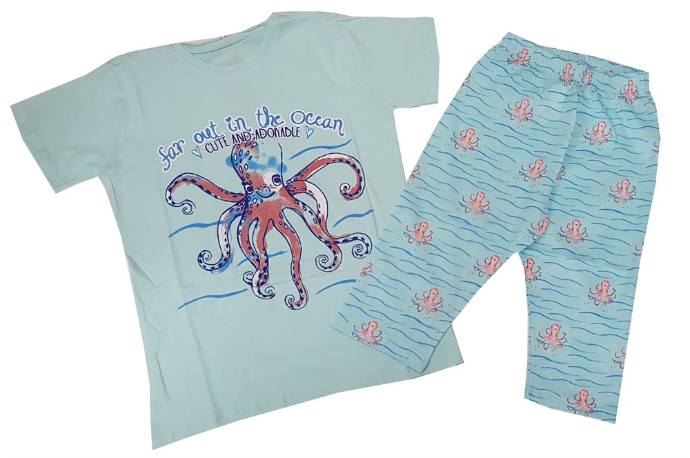 Feyzamavm Ahtapotlu Yeşil Kısa Kollu Kaprili Kız Çocuk Pijama