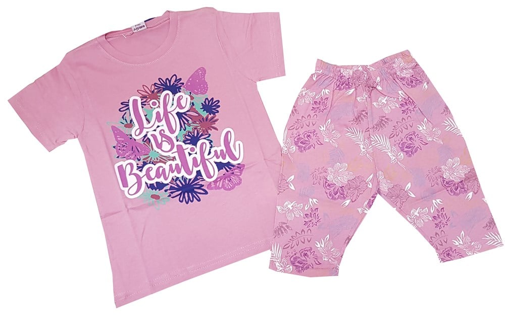 Feyzamavm Life İs Beatiful Baskılı Kısa Kollu Kaprili Pembe Kız Çocuk Pijama