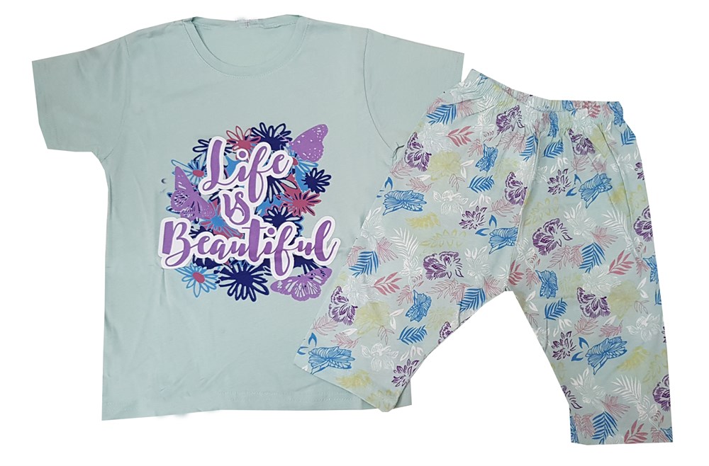 Feyzamavm Life İs Beatiful Baskılı Kısa Kollu Kaprili Pembe Kız Çocuk Pijama