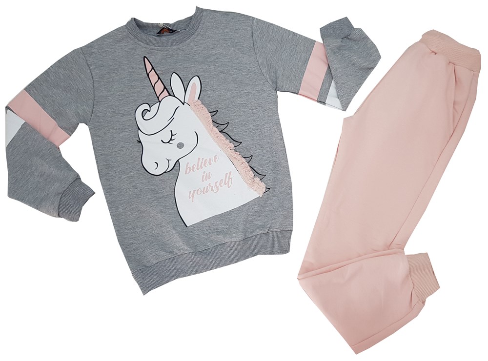Gri -Yavruağzı Unicorn Baskılı Kız Çocuk Eşofman Takım