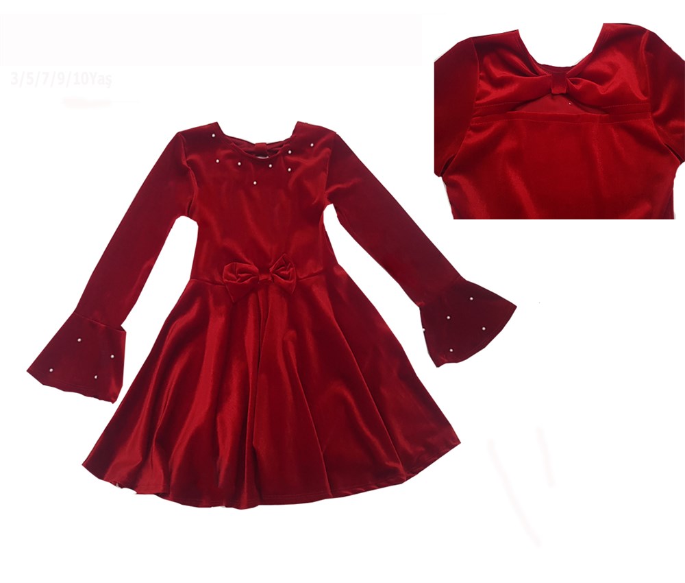 Kırmızı İncili Kadife Kız Çocuk Elbise | FeyzamAvm