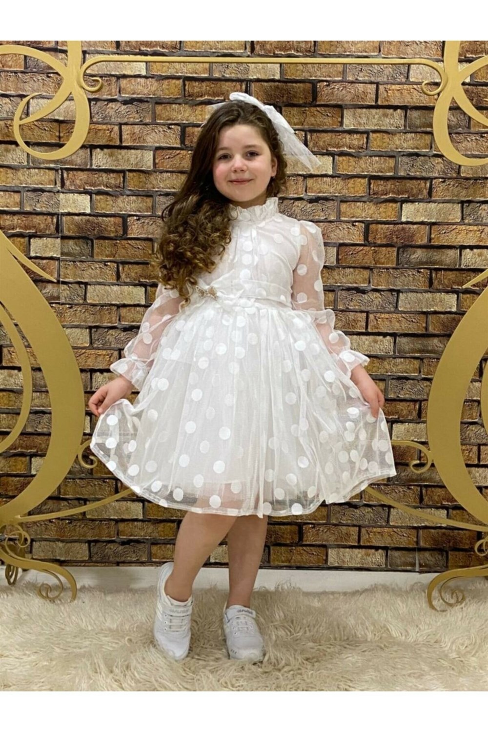 Kız Çocuk Beyaz Büyük Puanlı Özel Gün Elbise | FeyzamAvm