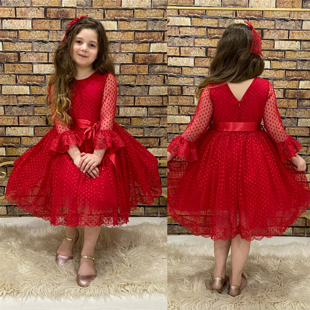Kız Çocuk Kırmızı Puanlı Tüllü Doğum Günü Düğün Abiye Elbise | FeyzamAvm