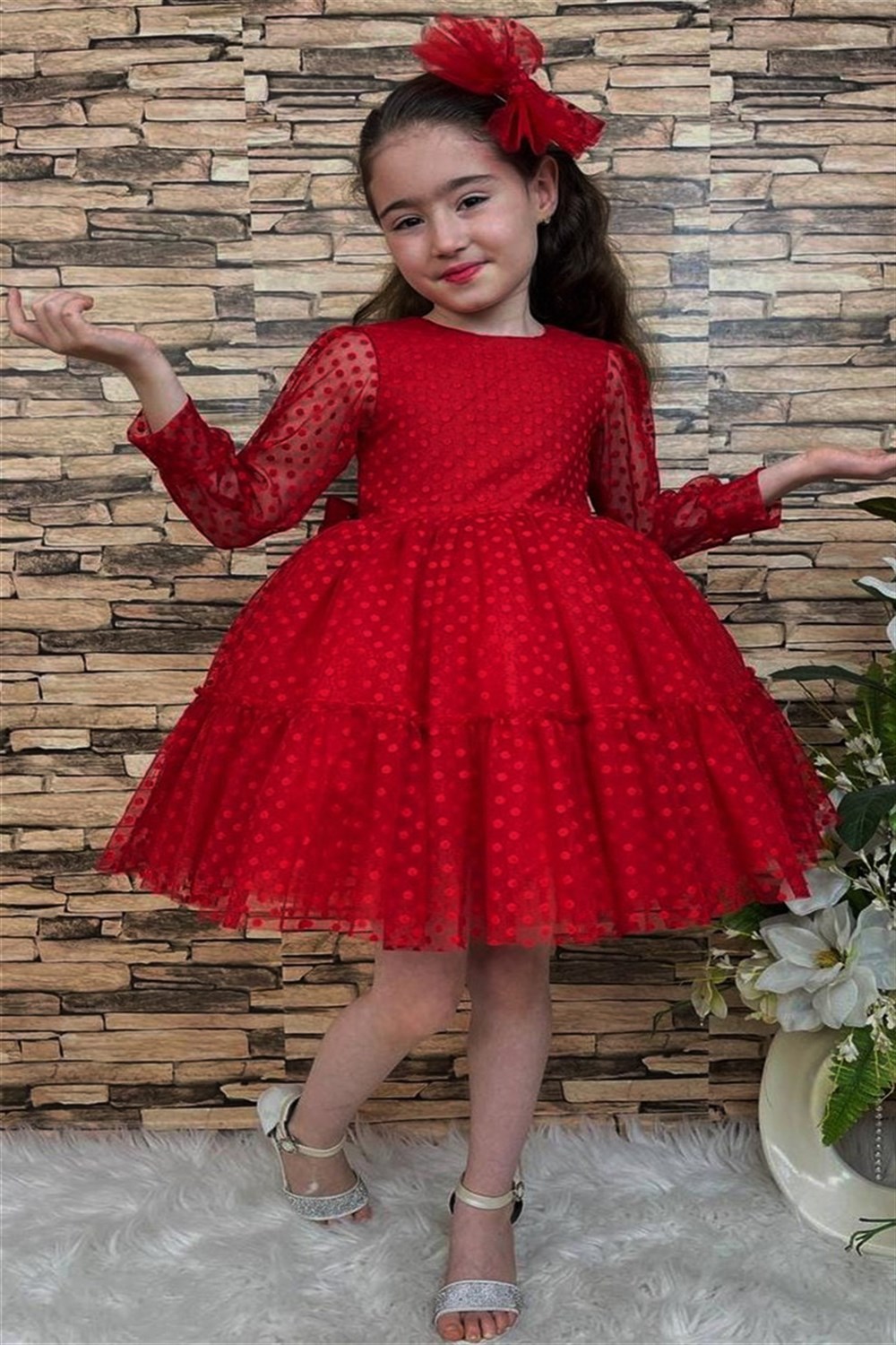 Kız Çocuk Kırmızı Puanlı Tüllü Kabarık Abiye Elbise | FeyzamAvm