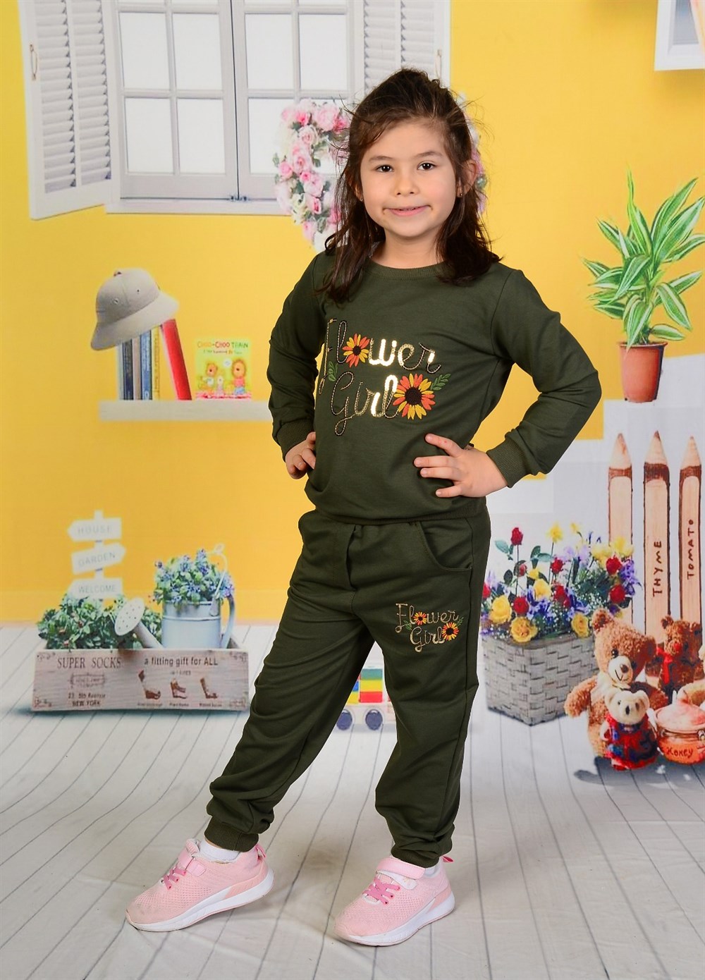 Kız Çocuk Yeşil Çiçekli Payetli Eşofman İkili Takım| Kız Çocuk Alt Üst Takım