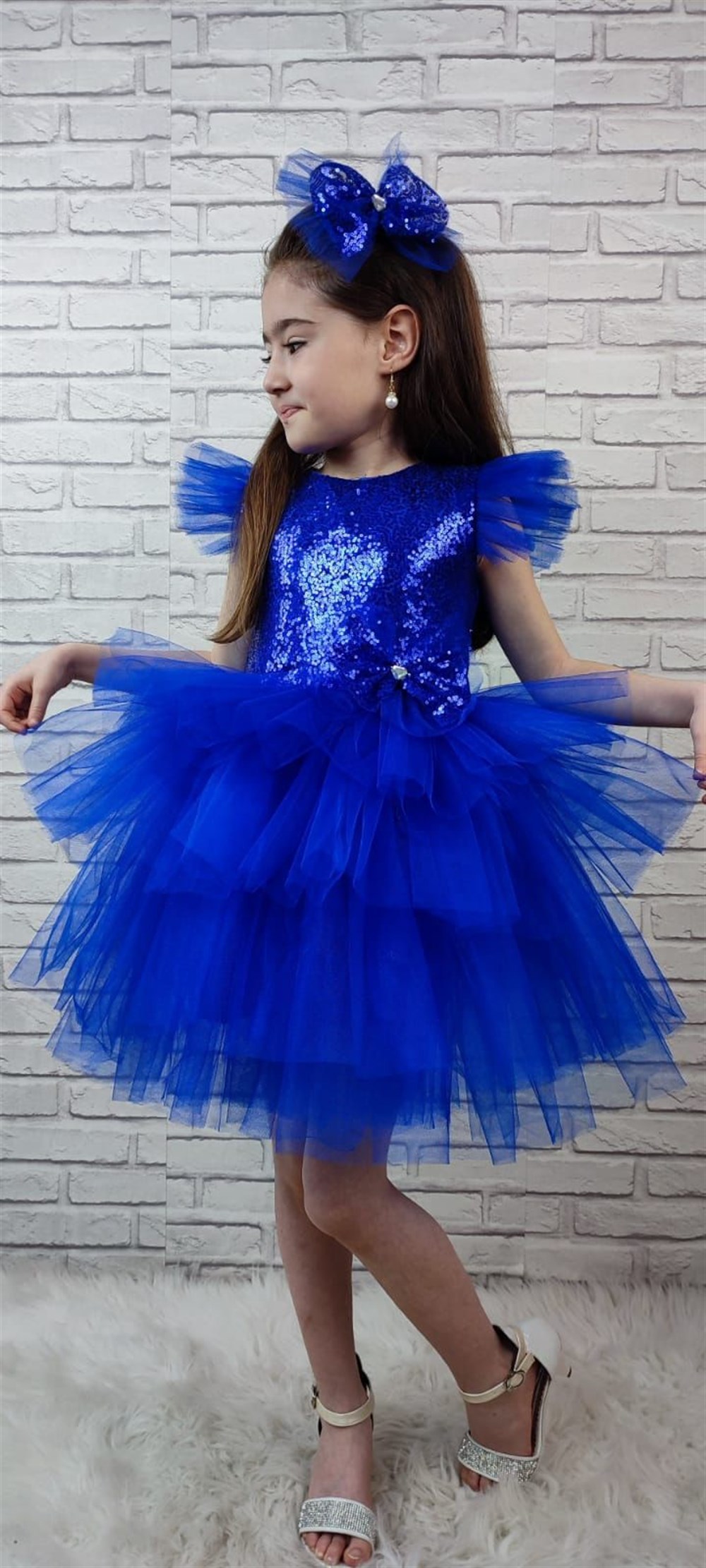Saks Mavi Pullu Tüllü Tütü Özel Gün Abiye Kız Çocuk Elbise | FeyzamAvm
