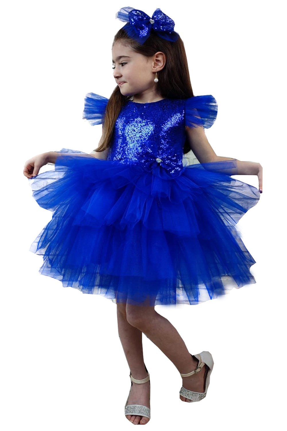 Saks Mavi Pullu Tüllü Tütü,Doğum Günü,Düğün, Kız Çocuk Elbise