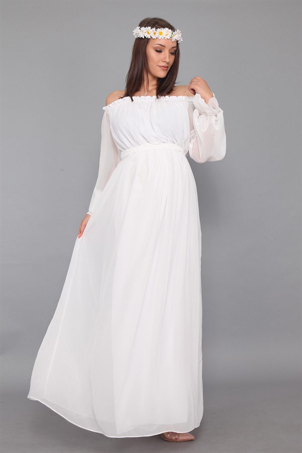 Dökümlü Kol Beyaz Hamile Elbise - Moda Labio