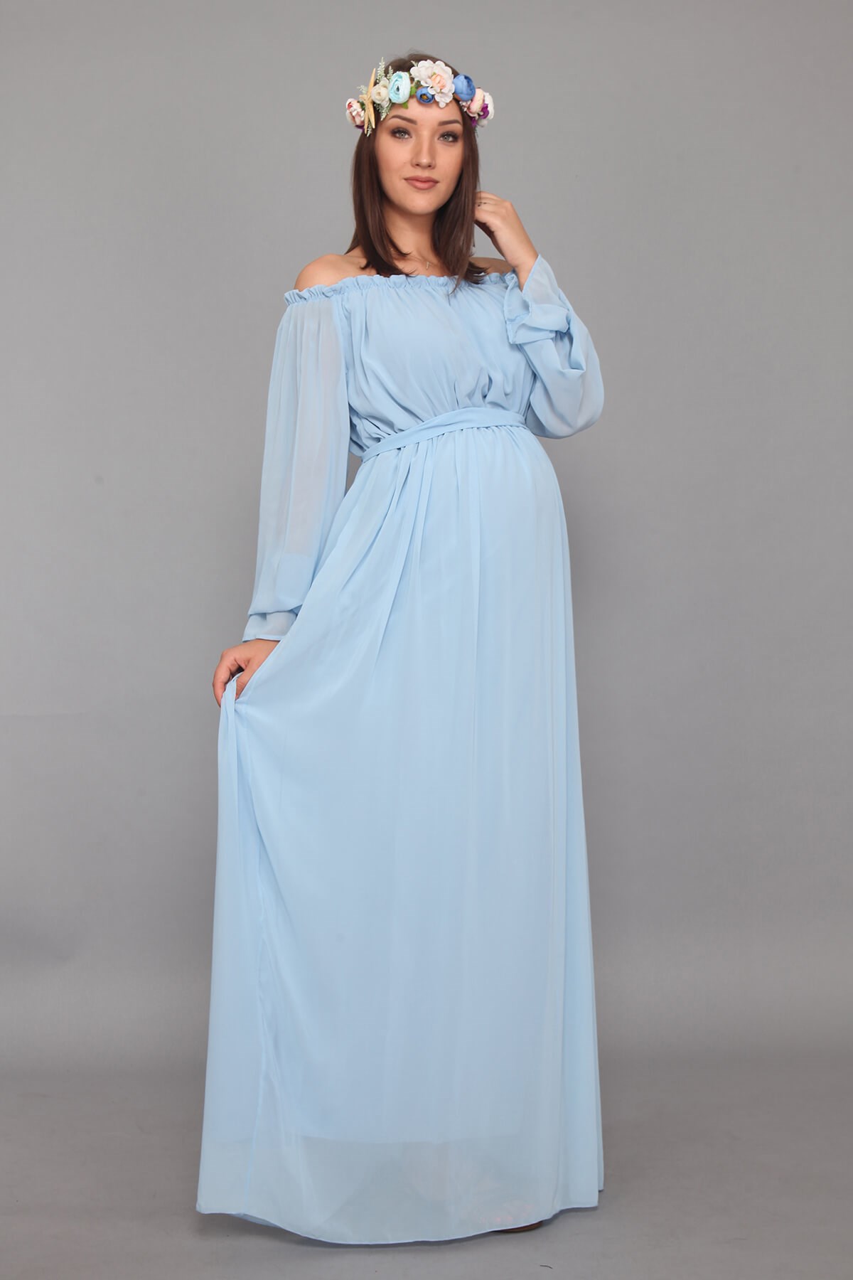 Moda Labio | Dökümlü Kol Bebe Mavi Hamile Elbise