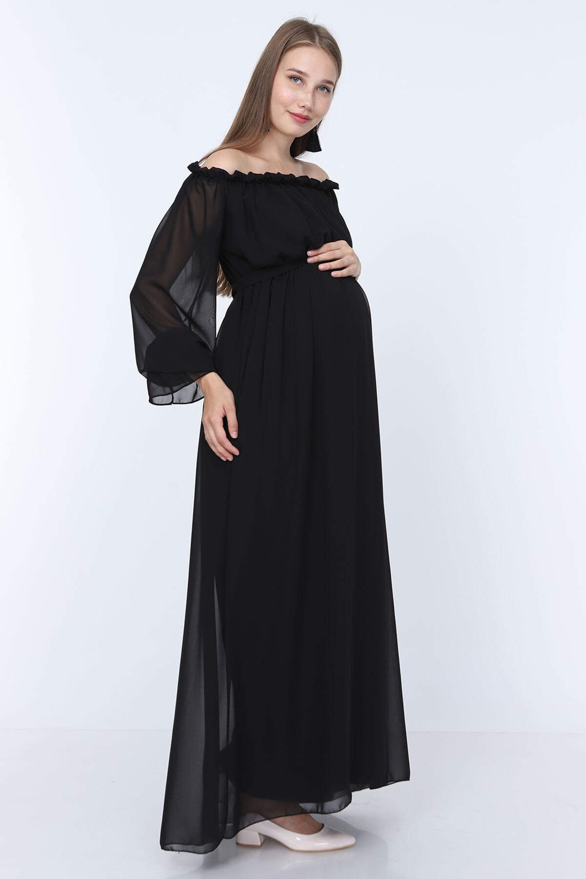 Moda Labio | Dökümlü Kol Siyah Hamile Elbise