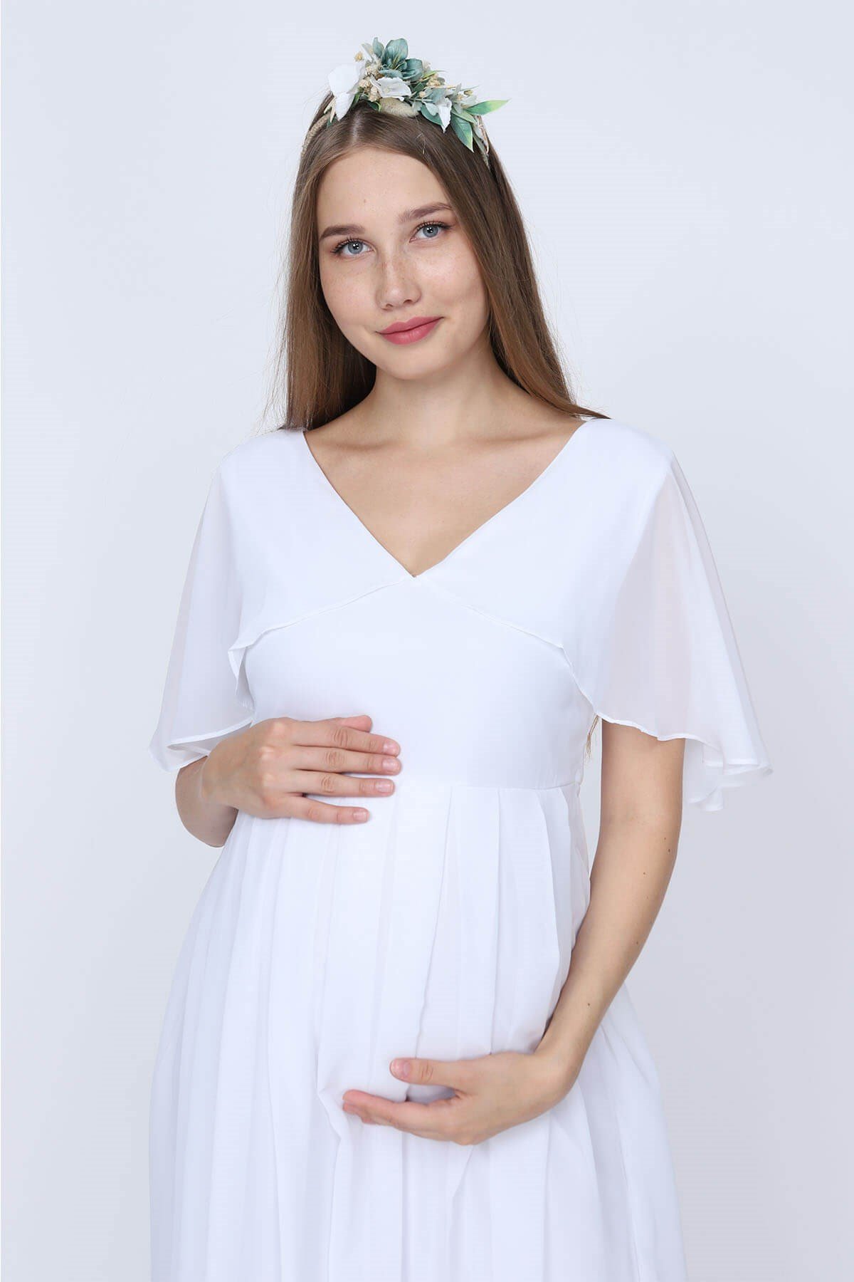 Melek Kol Şifon Hamile Elbise-Beyaz| Moda Labio