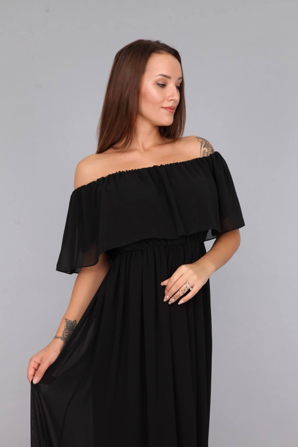 Moda Labio | Şifon Düşük Omuz Siyah Hamile Elbise