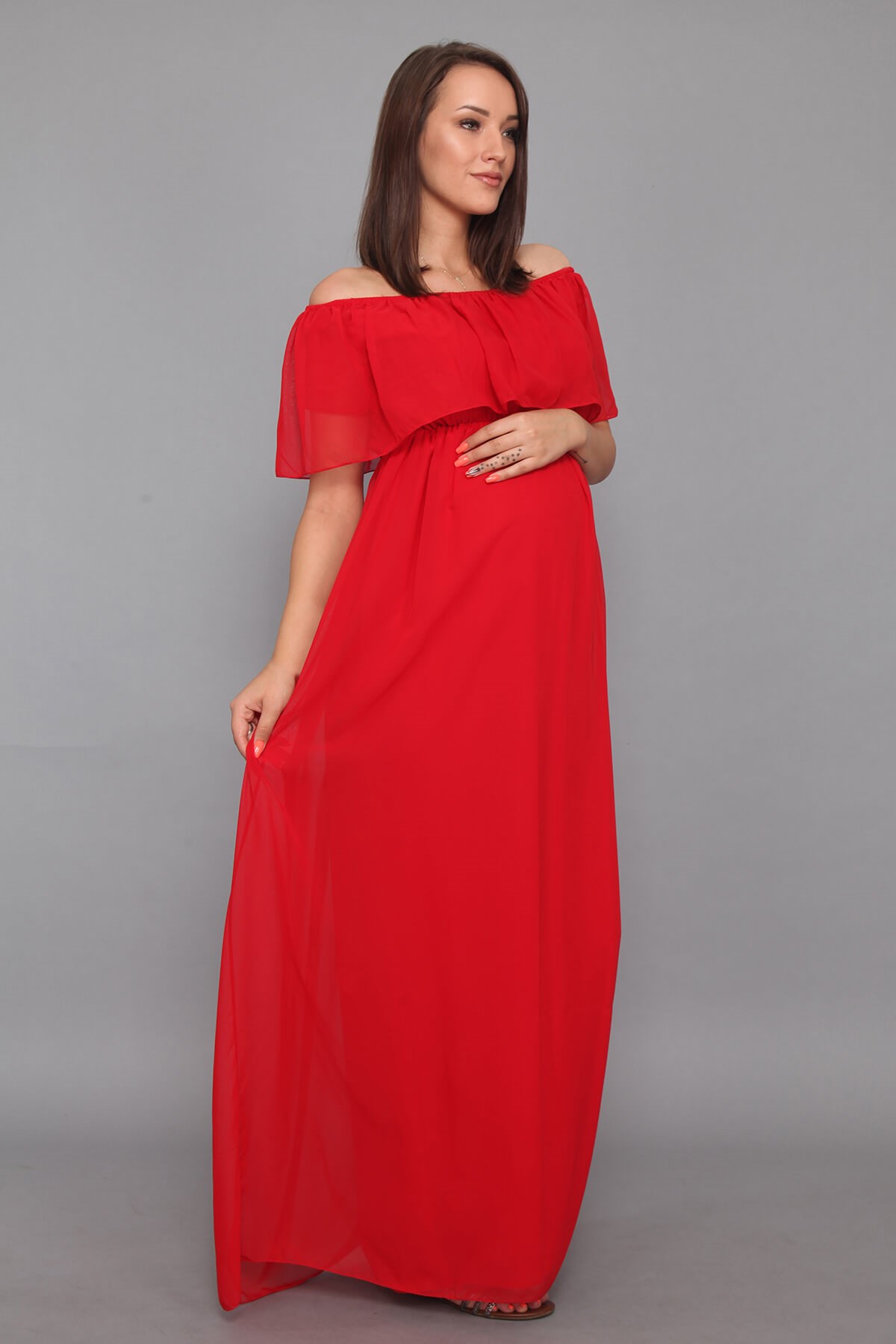 Şifon Düşük Omuz Kırmızı Hamile Elbise