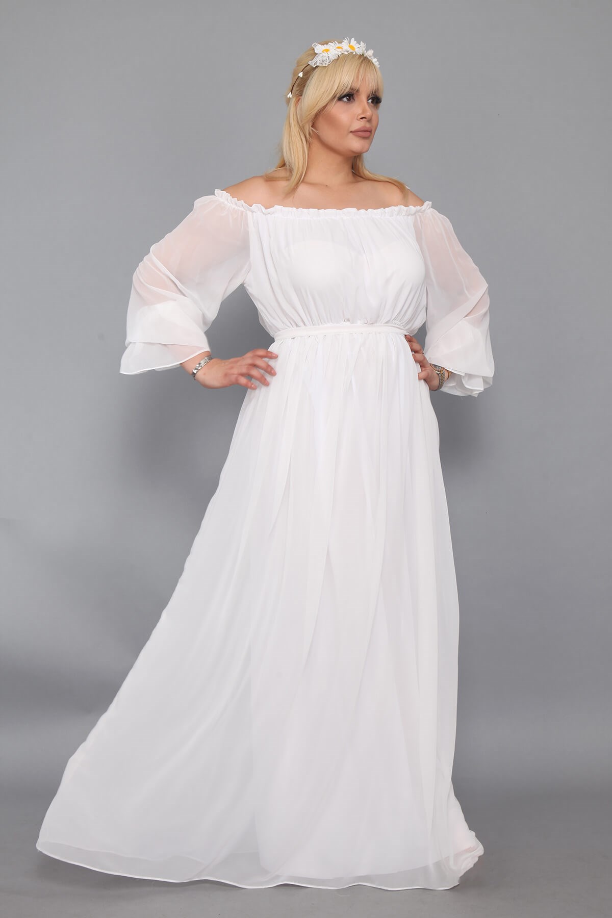 Moda Labio | Dökümlü Büyük Beden Beyaz Elbise