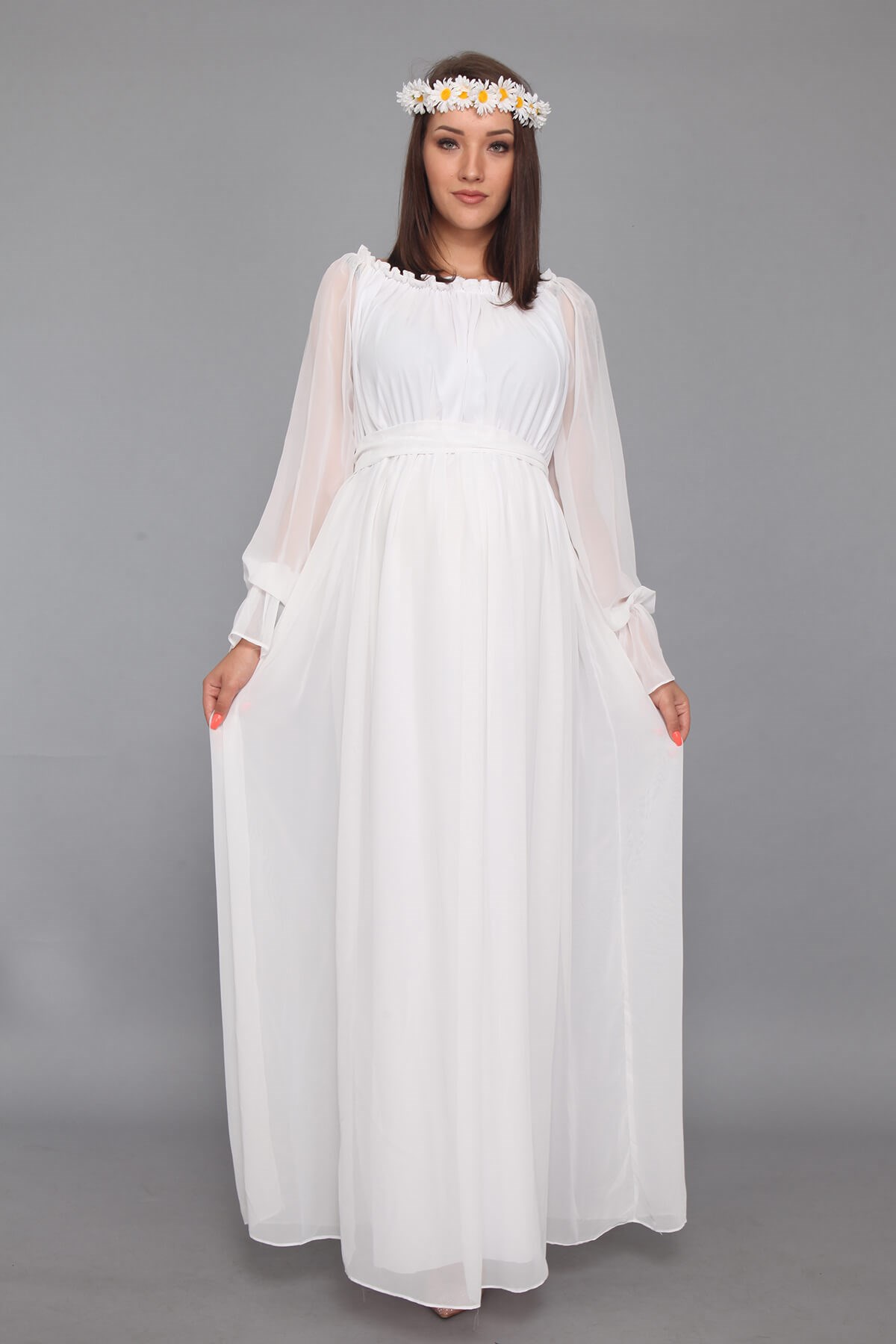 Moda Labio | Dökümlü Kol Tesettür Beyaz Hamile Elbise