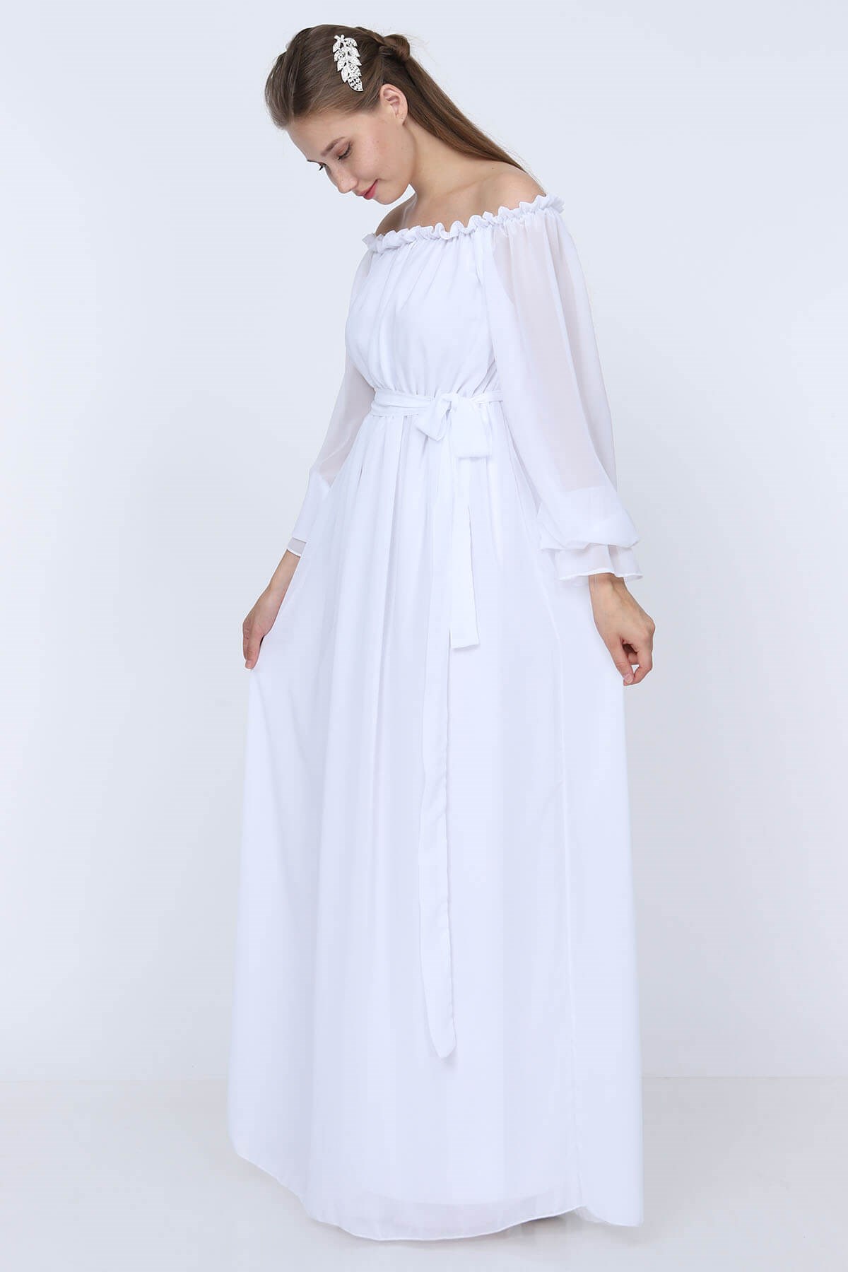 Moda Labio | Dökümlü Kol Beyaz Elbise