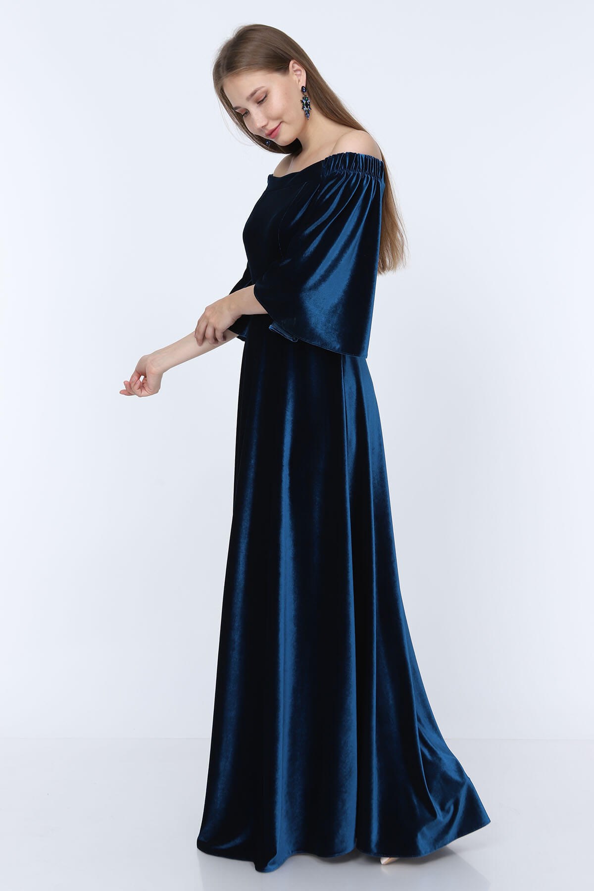 Düşük Omuz Kadife Elbise-Petrol Mavi | Moda Labio