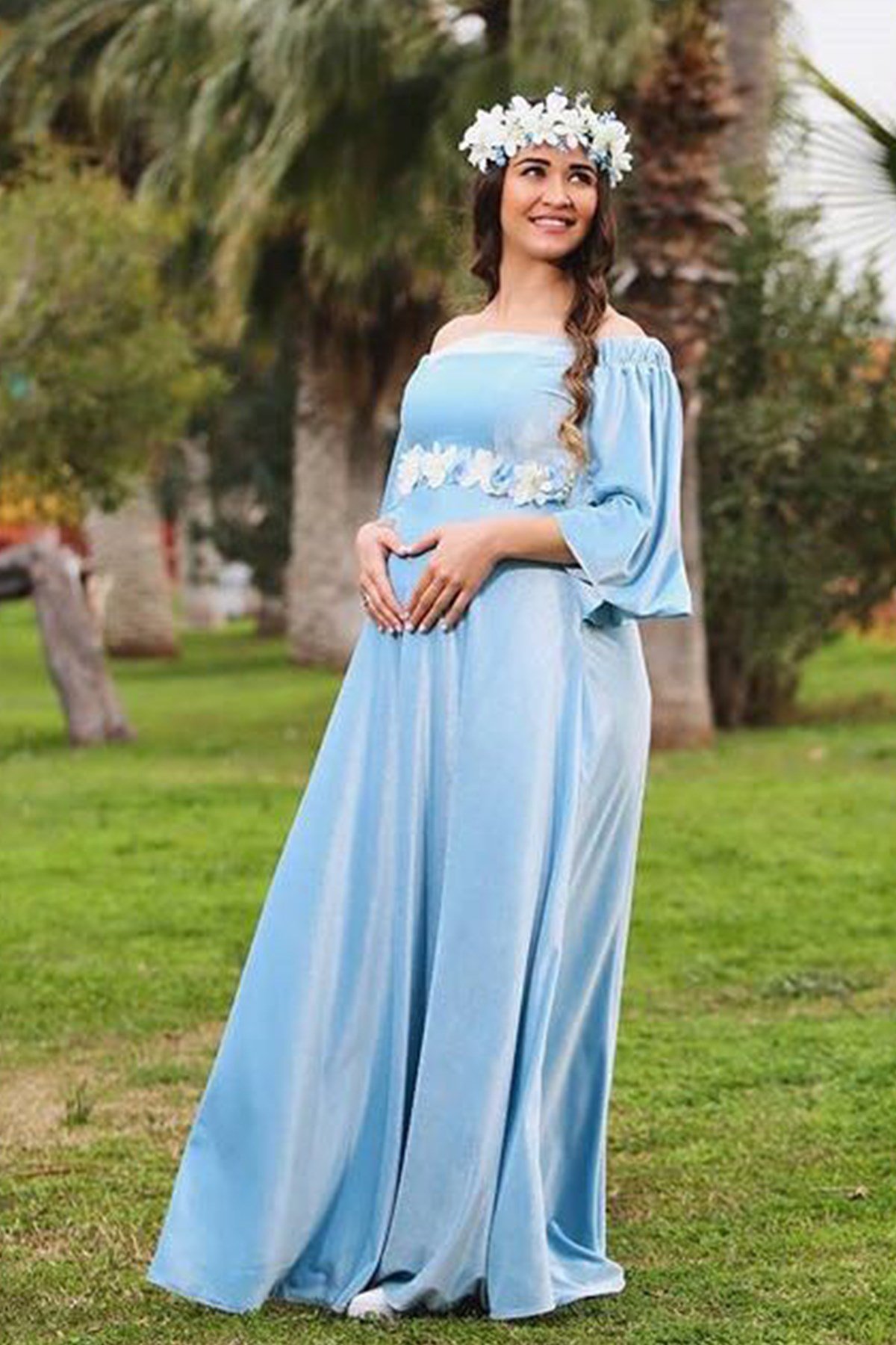 Düşük Omuz Kadife Hamile Elbise-Bebe Mavi | Moda Labio