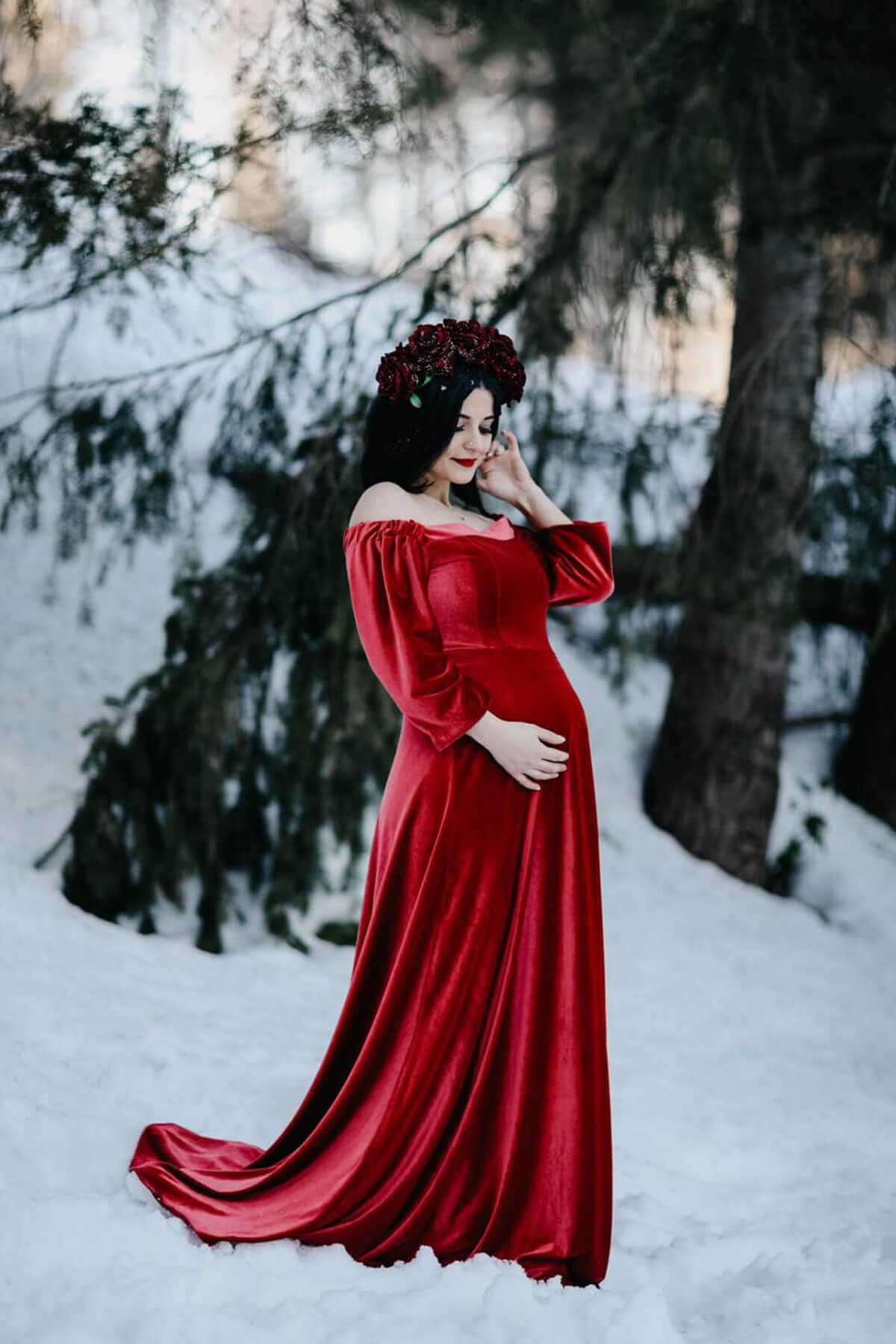 Düşük Omuz Kadife Hamile Elbise-Kırmızı | Moda Labio