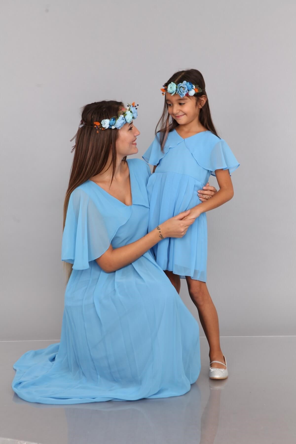 Moda Labio | Melek Kol Anne Kız Bebe Mavi Elbise