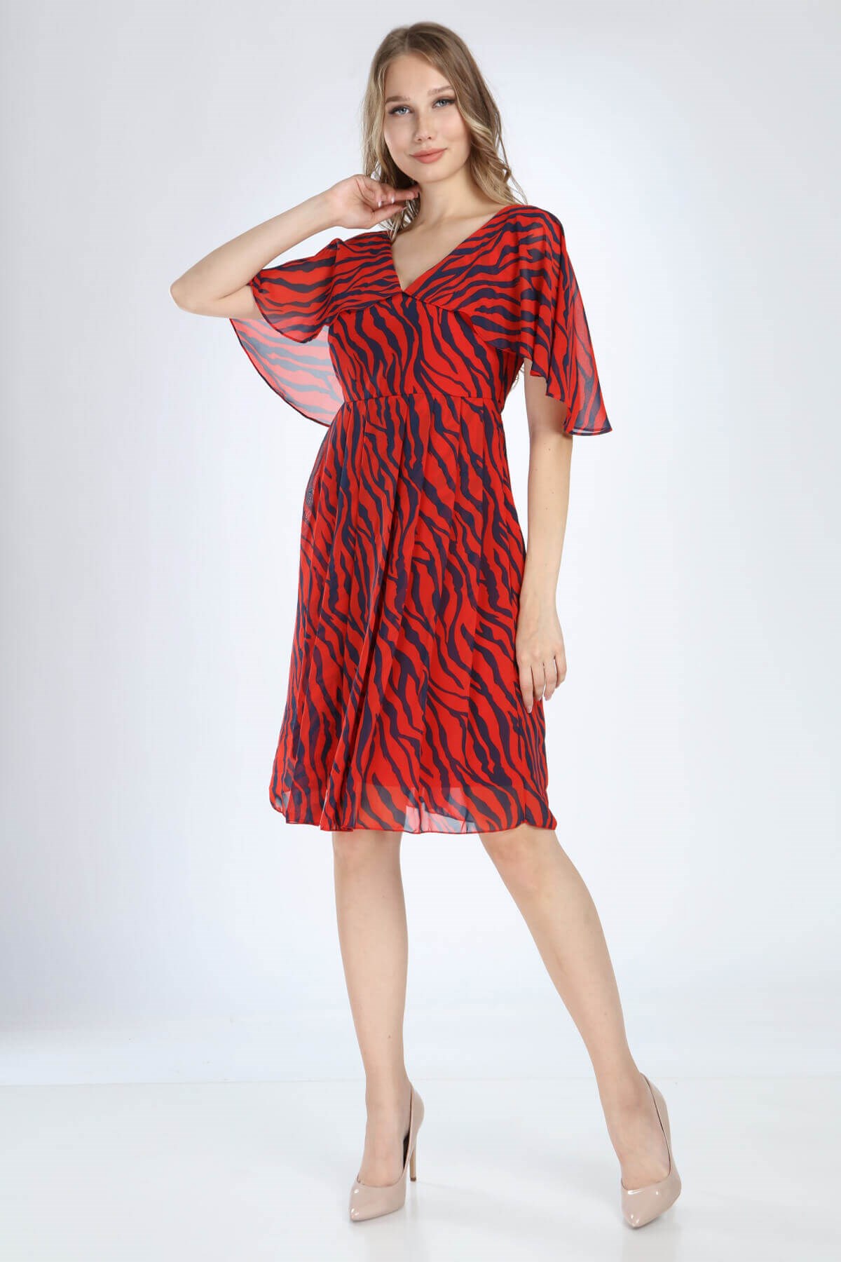 Moda Labio | Melek Kol Kısa Zebra Desenli Kırmızı Elbise