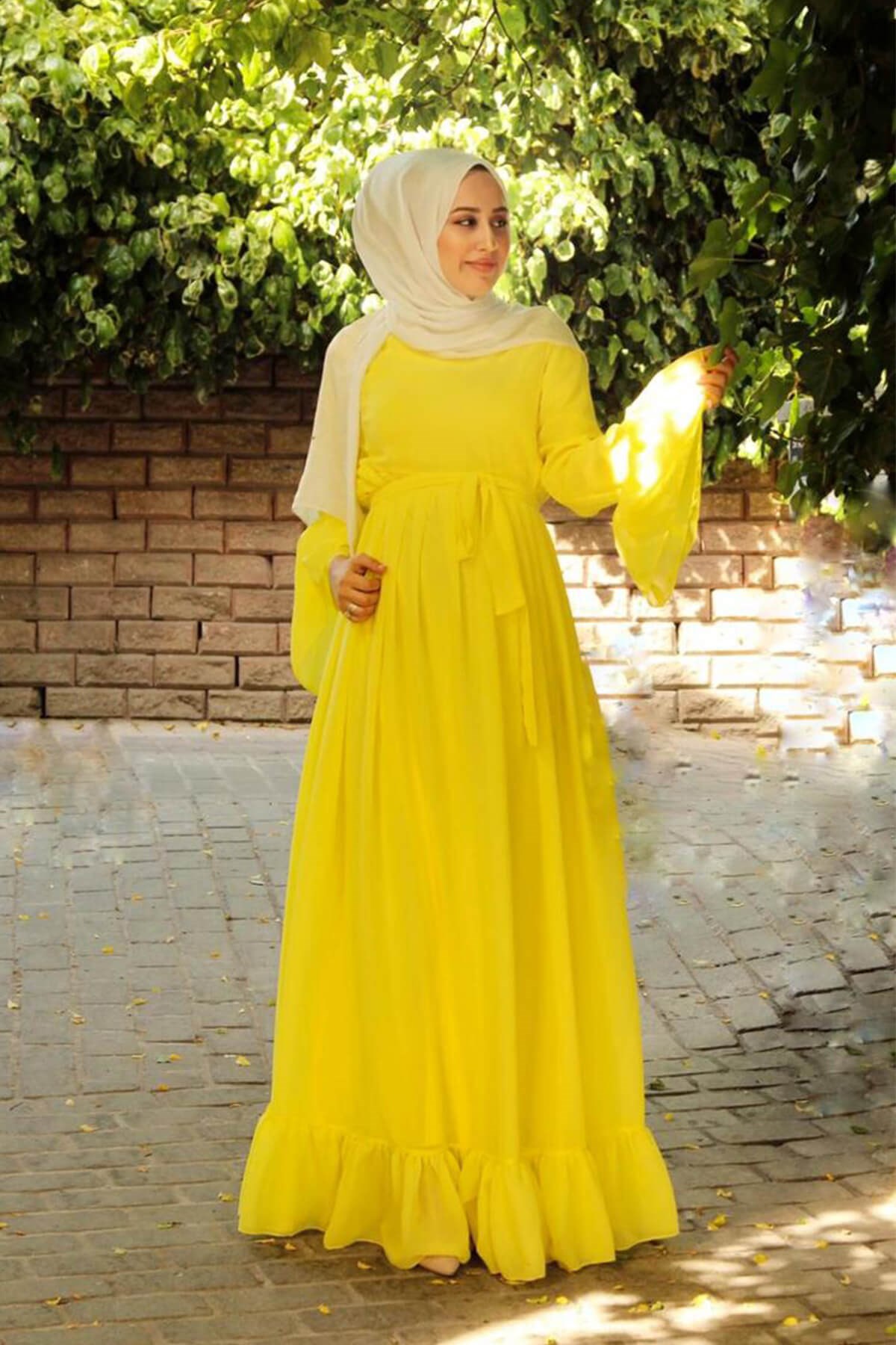 Moda Labio | Minel Şifon Tesettür Sarı Hamile Elbise