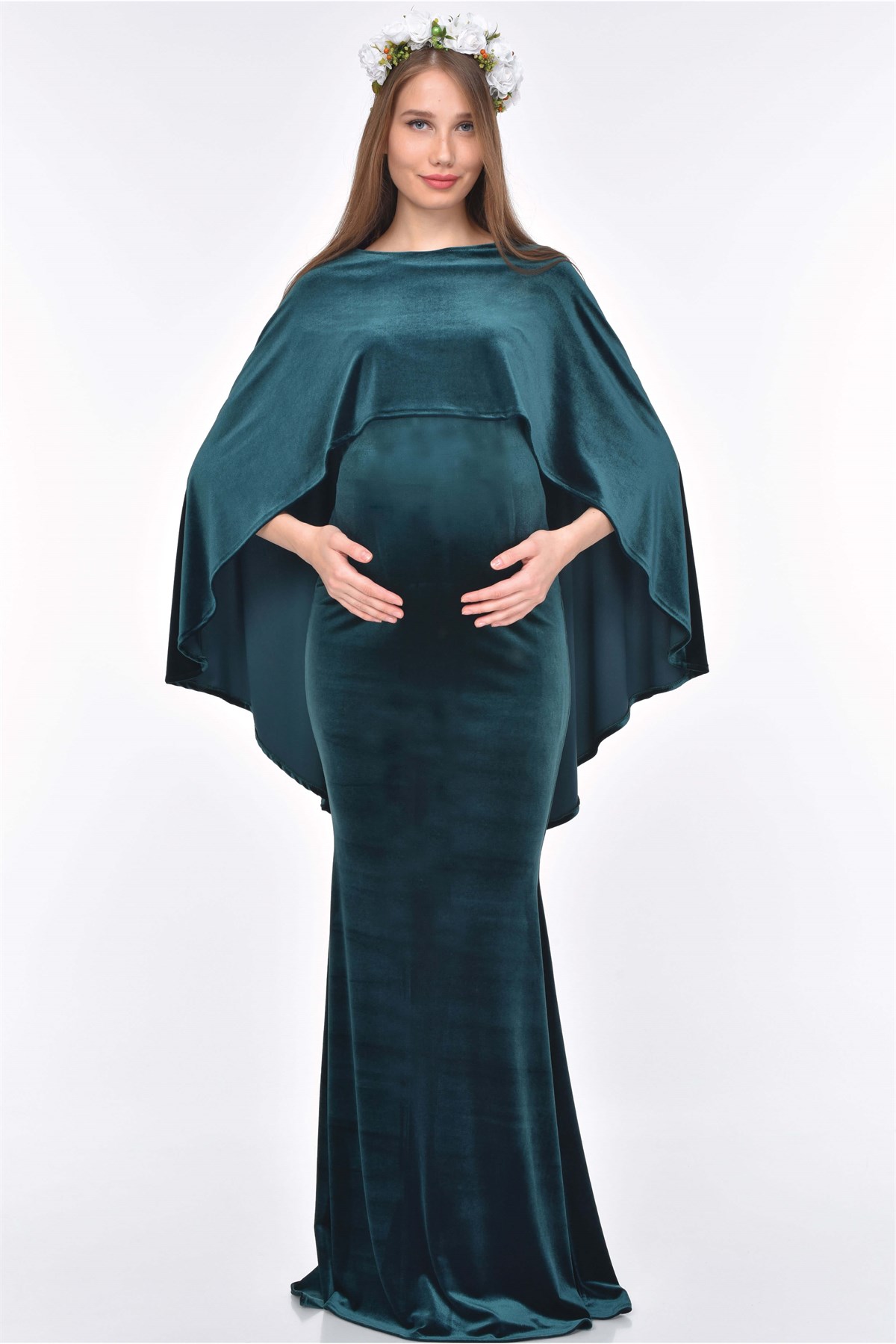 Moda Labio | Pelerinli Kadife Balık Zümrüt Yeşili Hamile Elbisesi