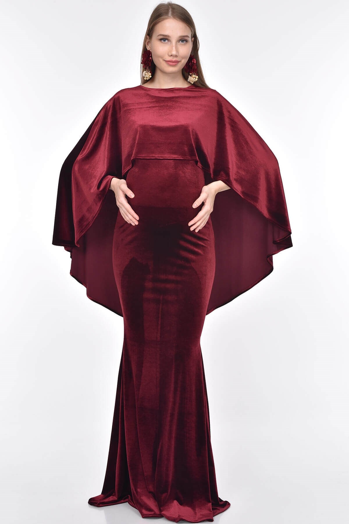 Moda Labio | Pelerinli Kadife Balık Tesettür Bordo Hamile Elbise
