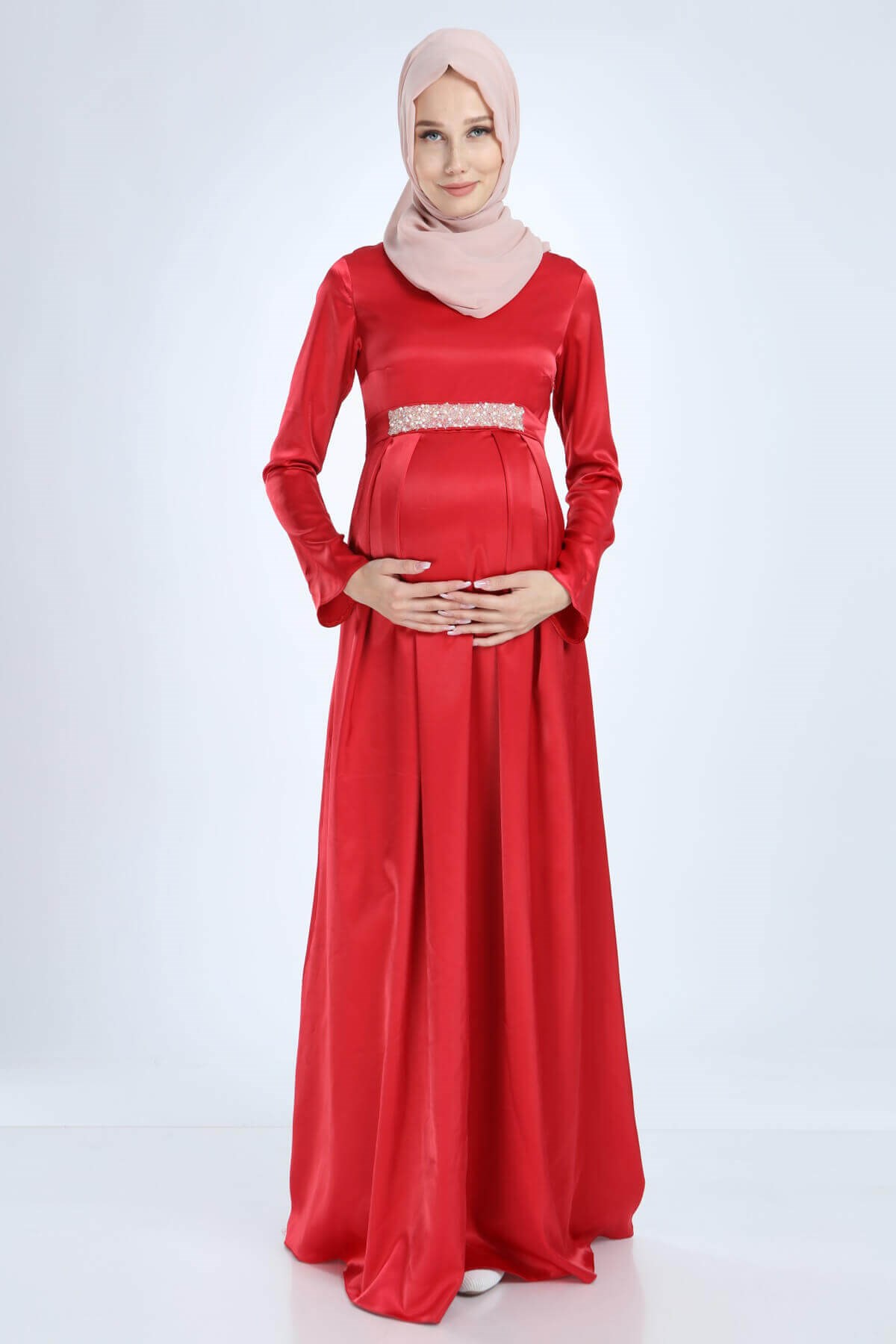 Moda Labio | Saten Tesettür İncili Kırmızı Hamile Elbise