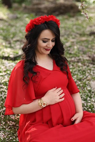 Moda Labio - Melek Kol Hamile Elbisesi-Kırmızı