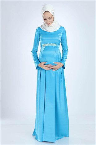 Moda Labio | Saten Tesettür İncili Bebe Mavi Hamile Elbise