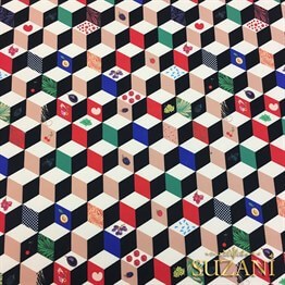 3 Boyutlu Küpler ve Meyveler Desenli Kumaş