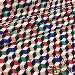 3 Boyutlu Küpler ve Meyveler Desenli Kumaş