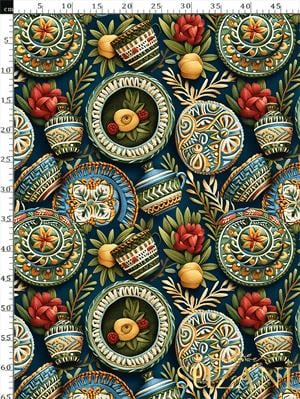 3D Çini Tabağı Desenli Dijital Baskılı Kumaş