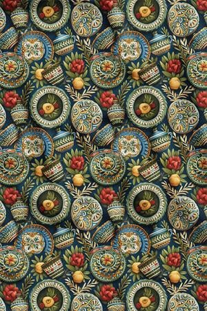 3D Çini Tabağı Desenli Dijital Baskılı Kumaş