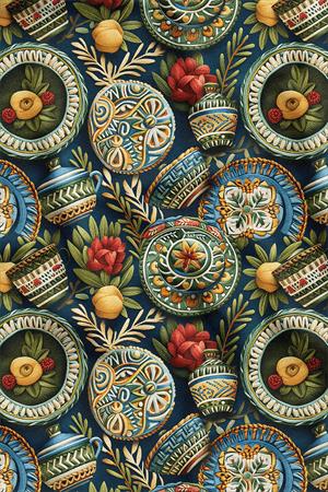 3D Çini Tabağı Desenli Dijital Baskılı Kumaş