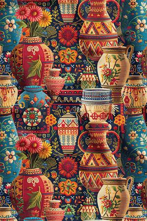 3D Etnik Vazo Desenli Dijital Baskılı Kumaş